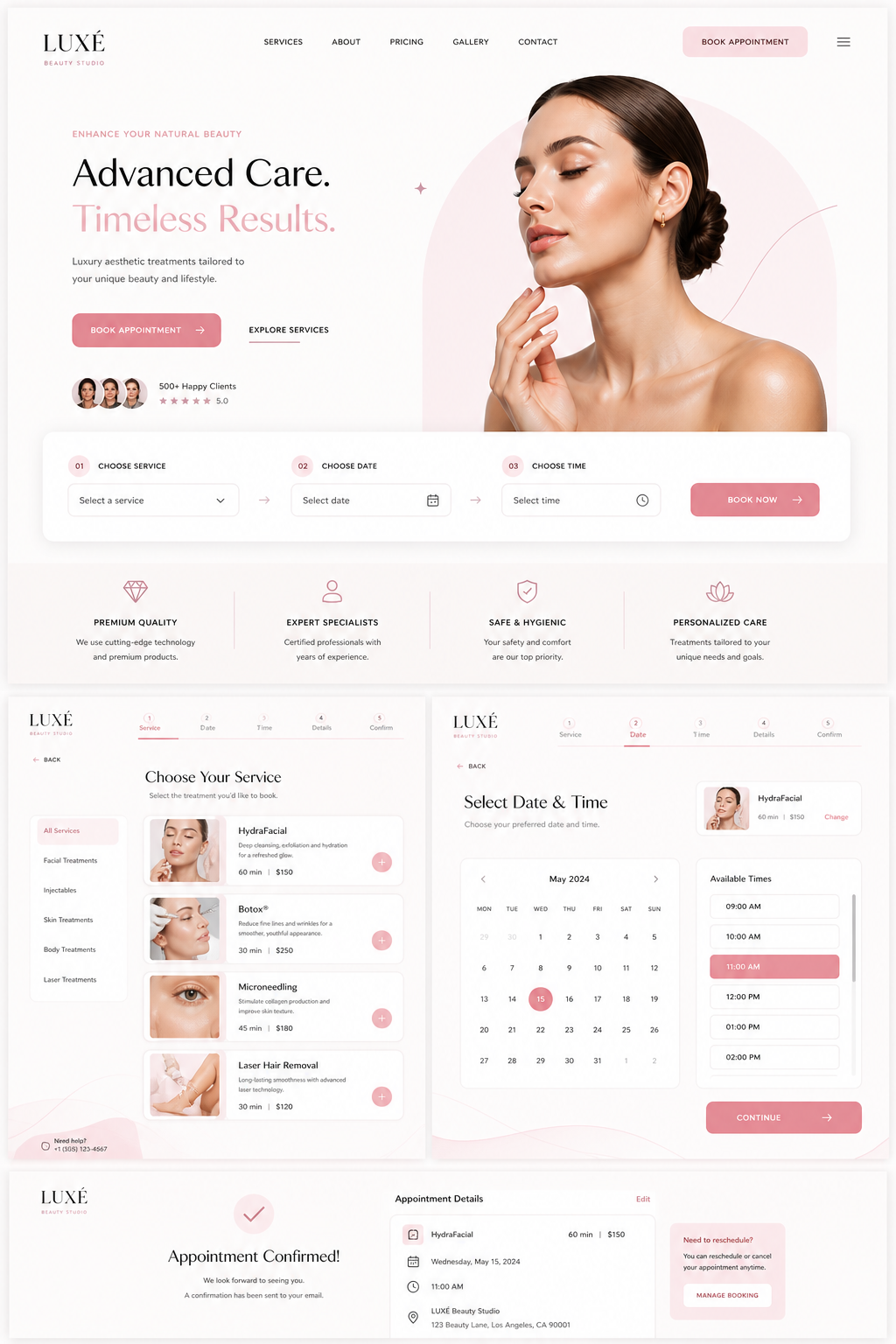 LUXÉ Beauty Studio — луксозен уебсайт за beauty studio с premium booking flow